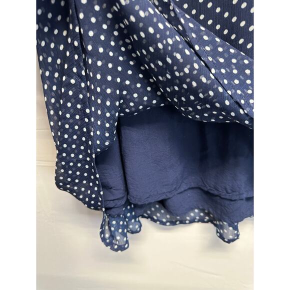 Anthro 11:1 TYLHO Navy Polka Dot Tie-Neck Dress L Breezy Retro Style Old Money - Picture 3 of 11